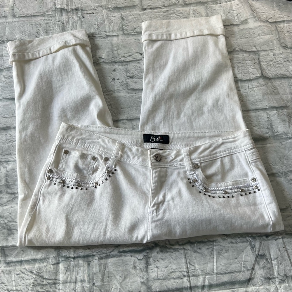 Earl Jeans Capris Cuffed White Sequin Rhinestones